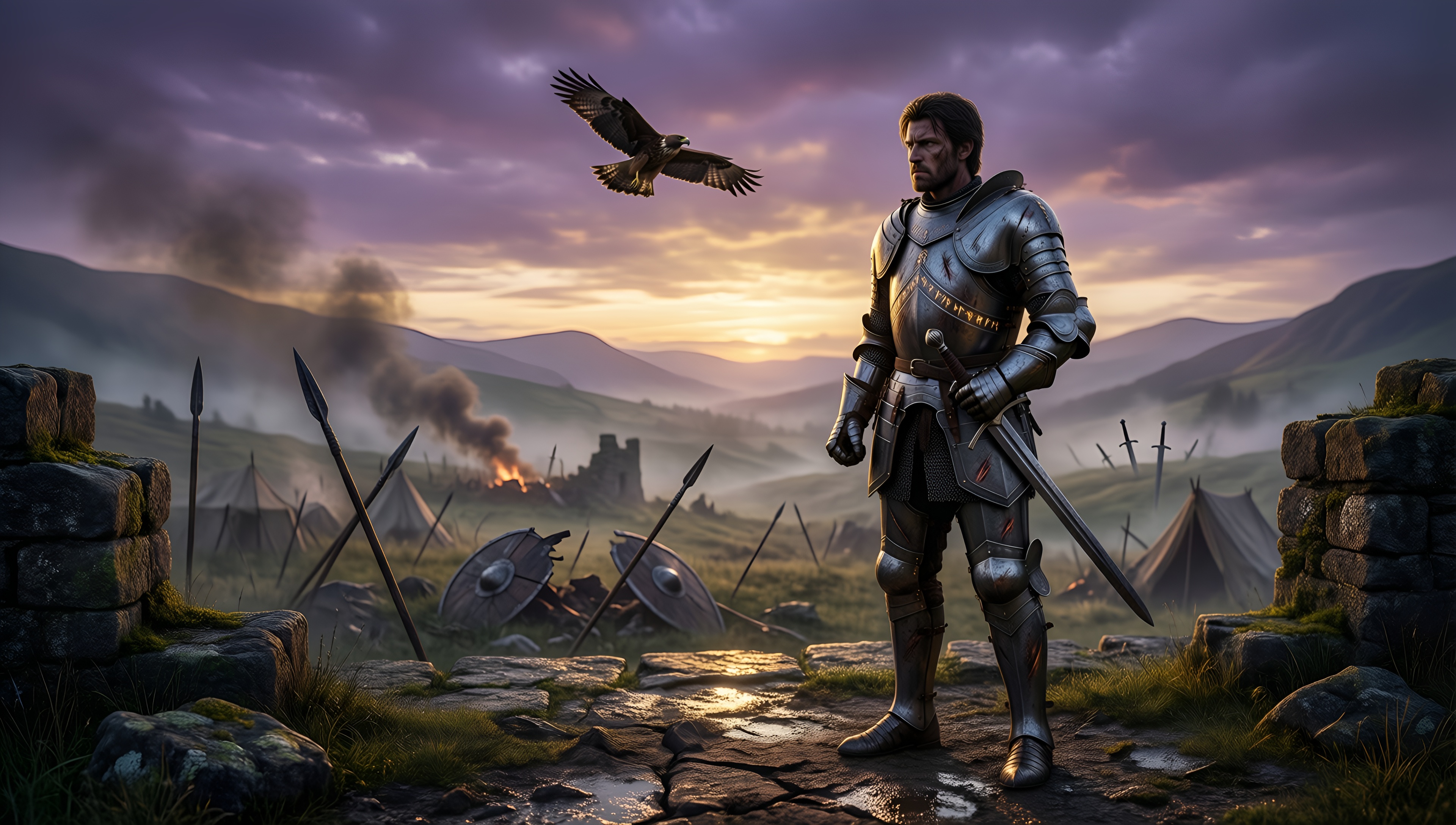 Medieval Knight at Dawn - AI generated wallpaper