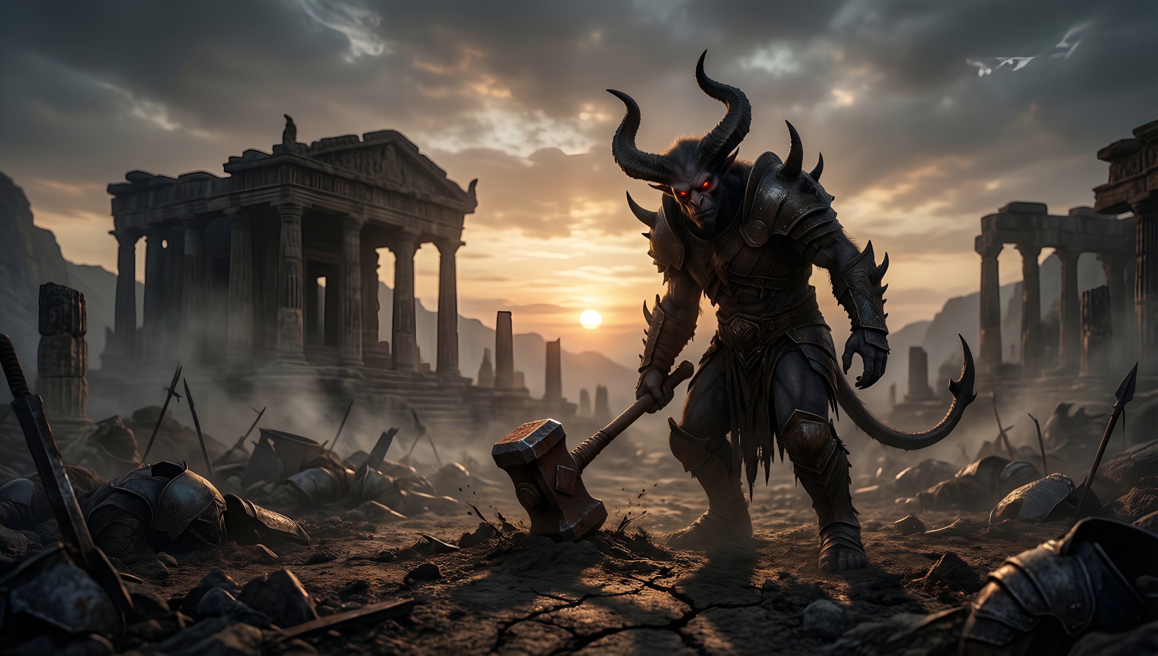 Dark Demon in Ruined Temple - AI generated wallpaper