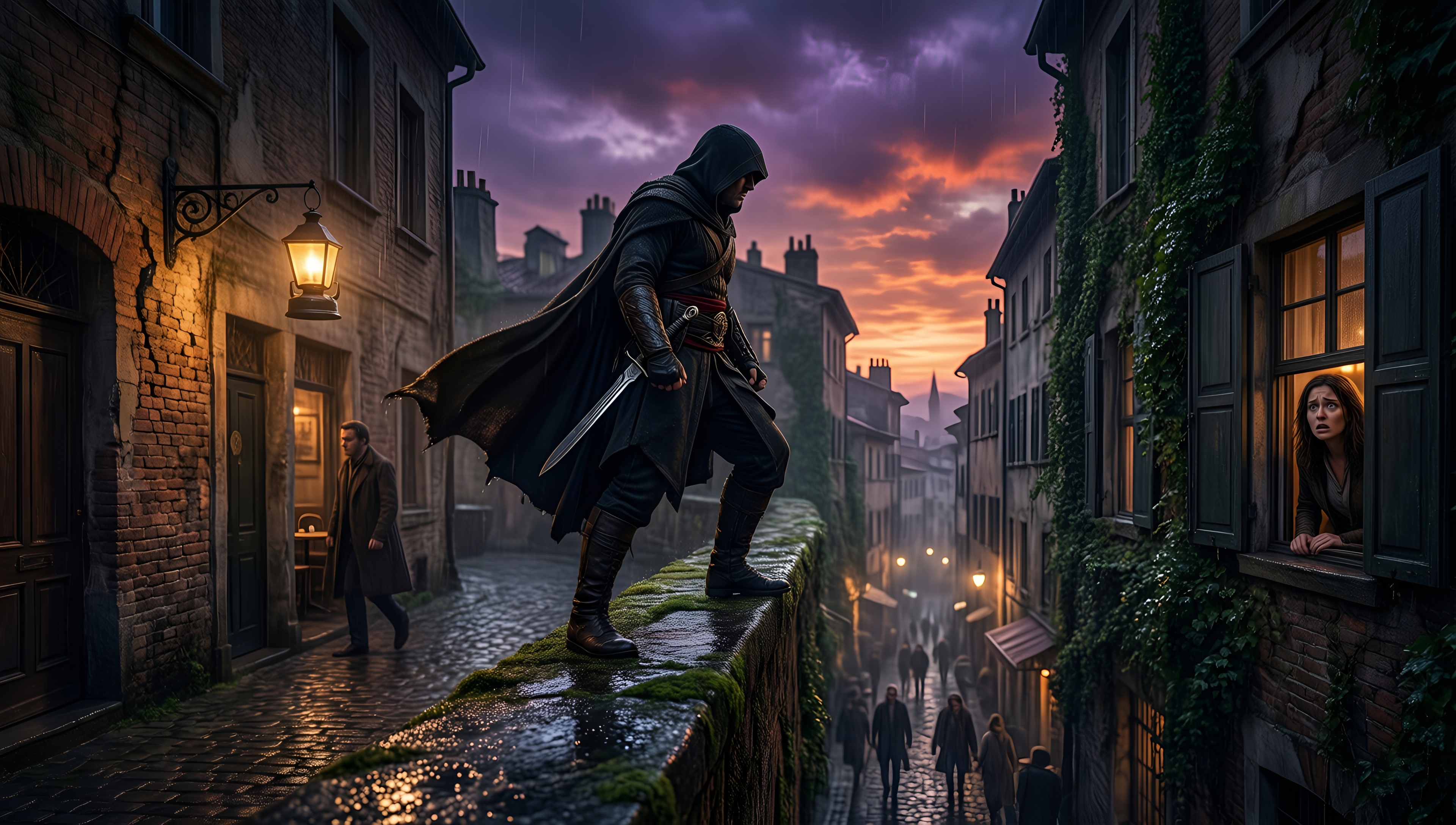 Assassin's Shadow in the City - AI generated wallpaper