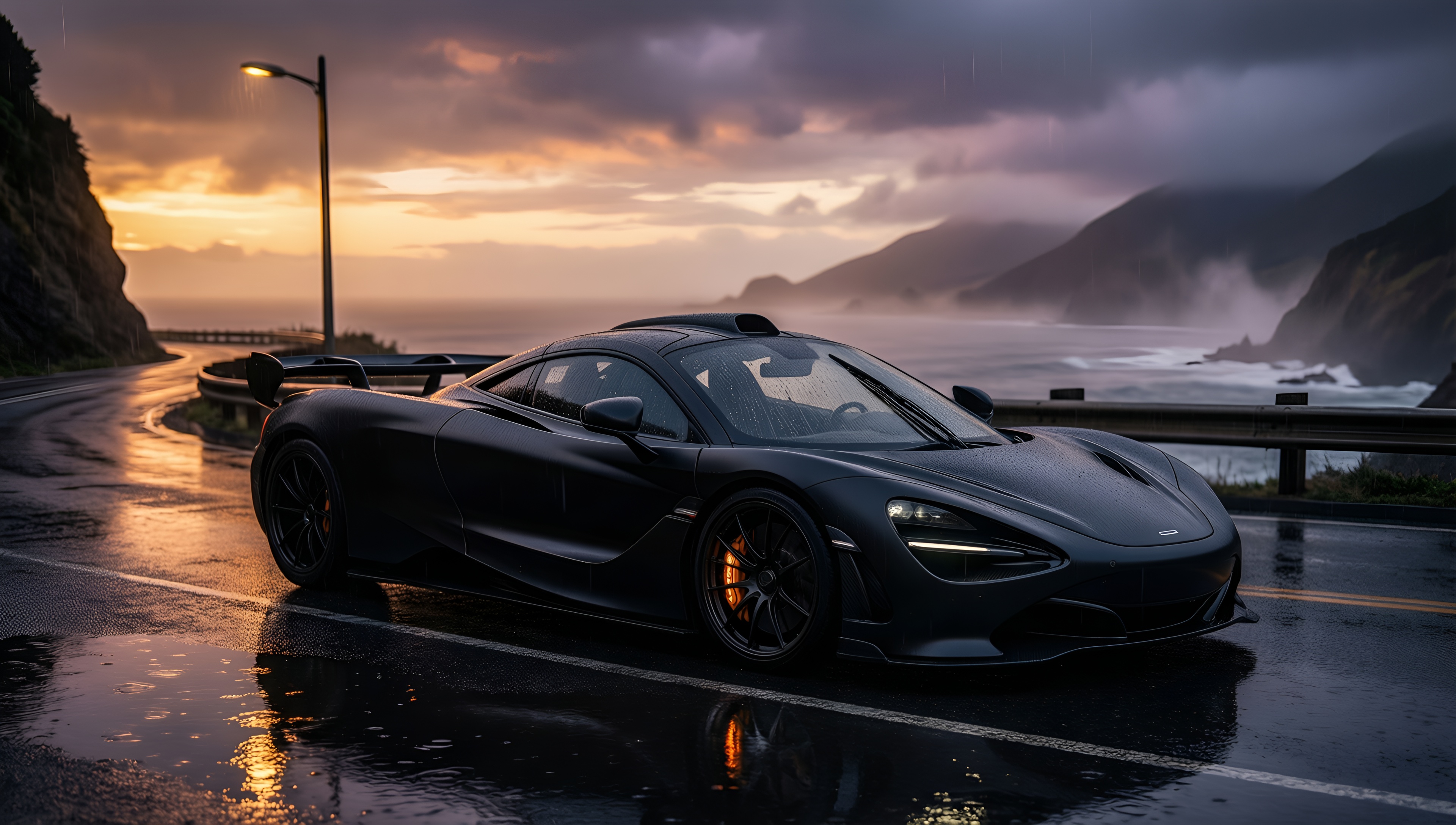 Rainy Sunset Sports Car - AI generated wallpaper