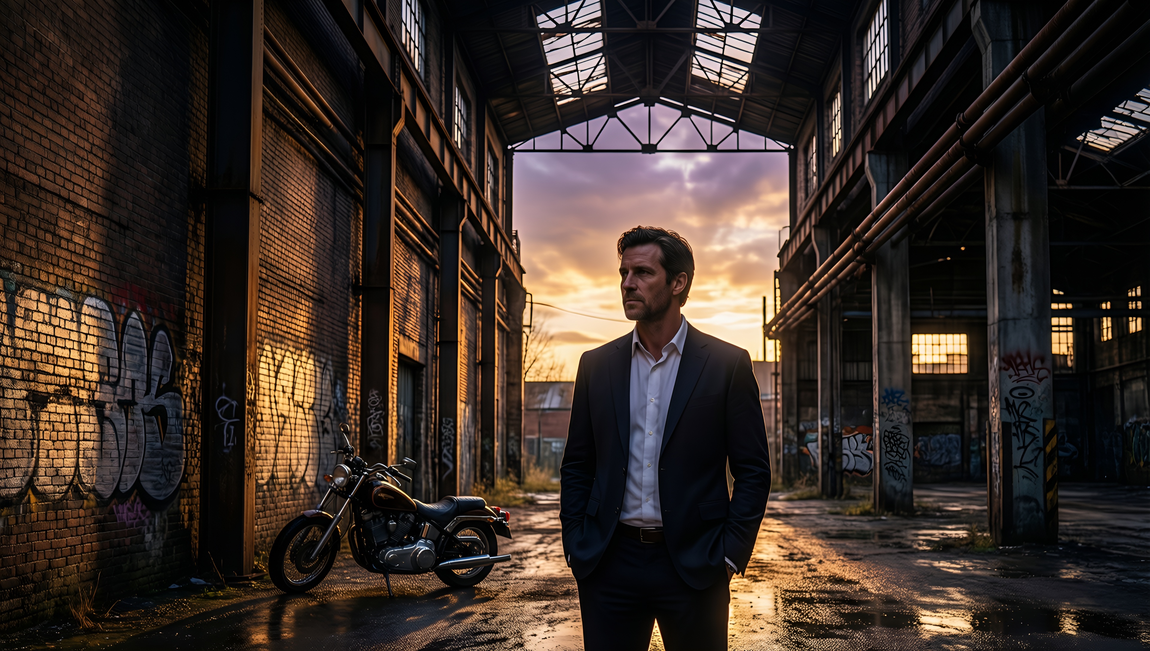 Industrial Sunset: Man in Suit - AI generated wallpaper