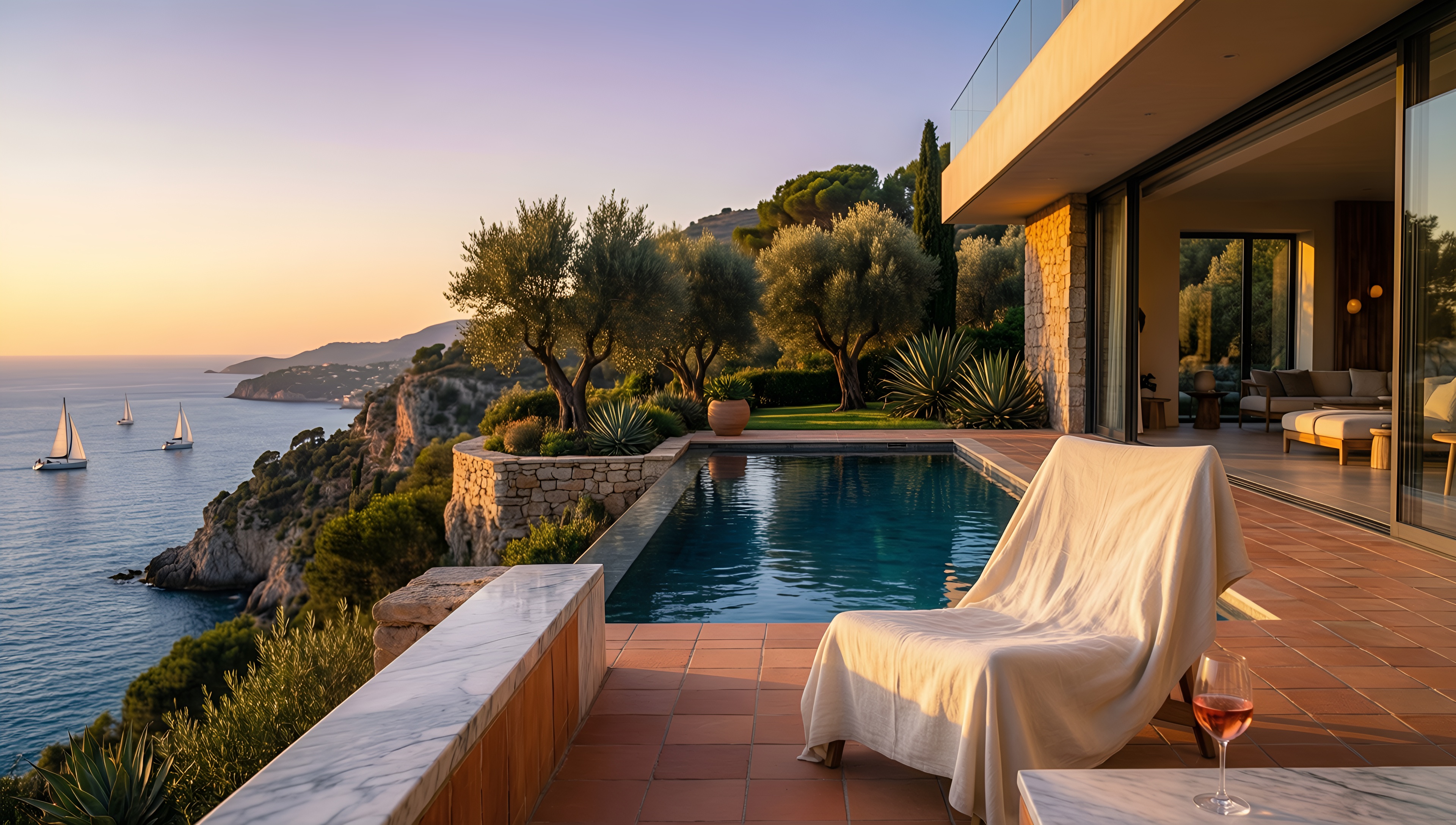 Luxury Cliffside Retreat Sunset - AI generated wallpaper