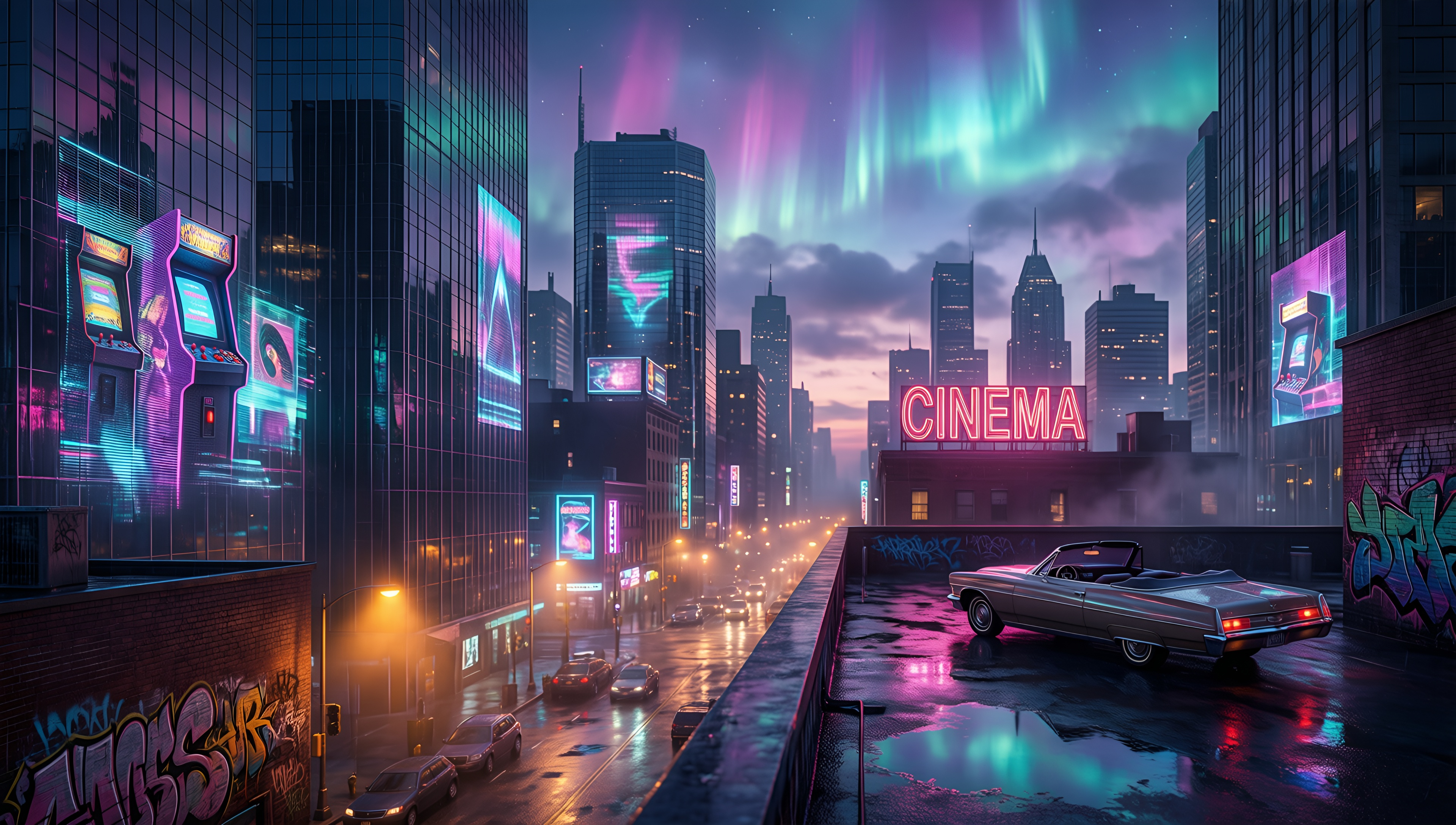 Cyberpunk Cityscape Aurora - AI generated wallpaper