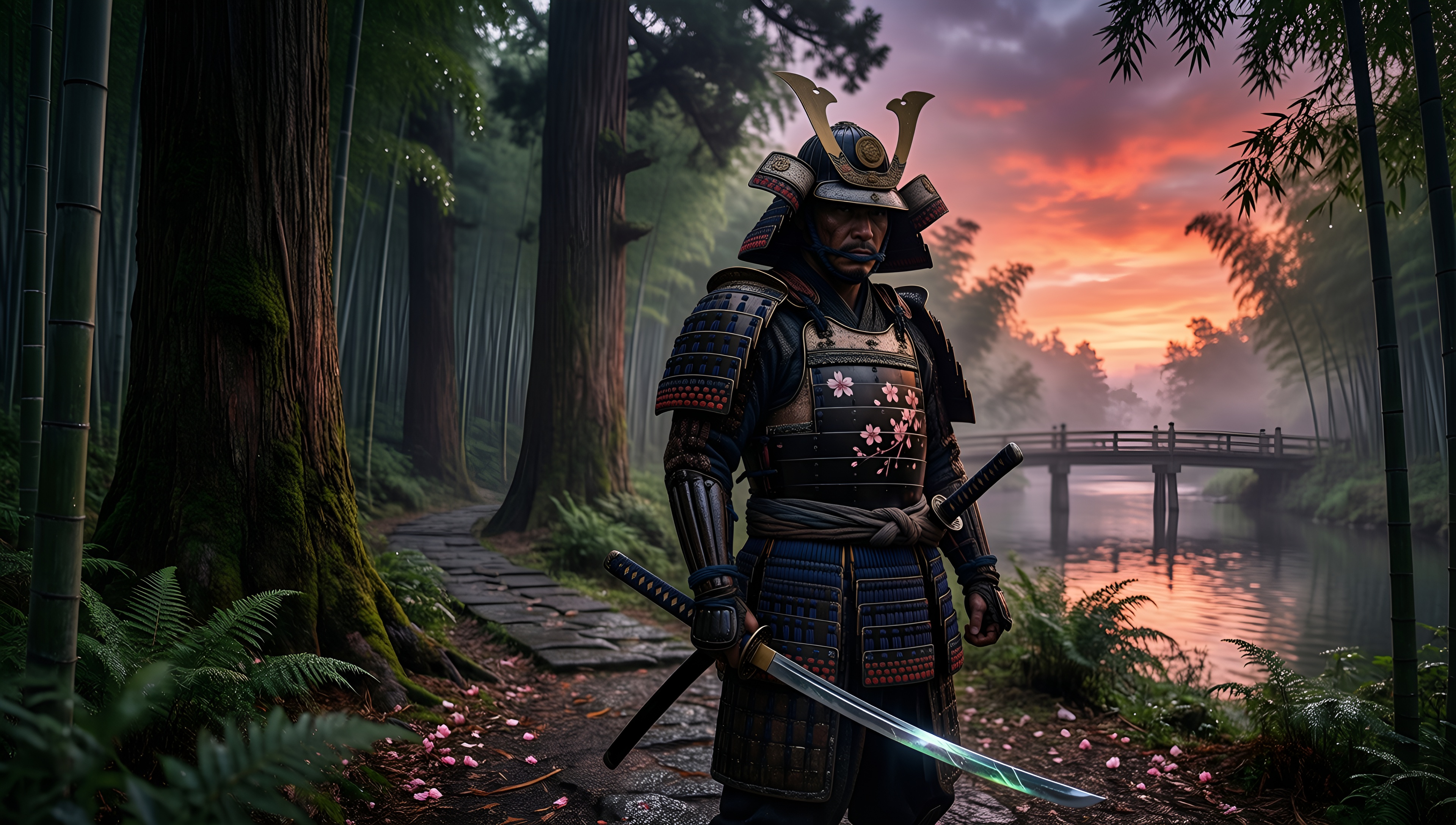 Samurai in Bamboo Forest - AI generated wallpaper