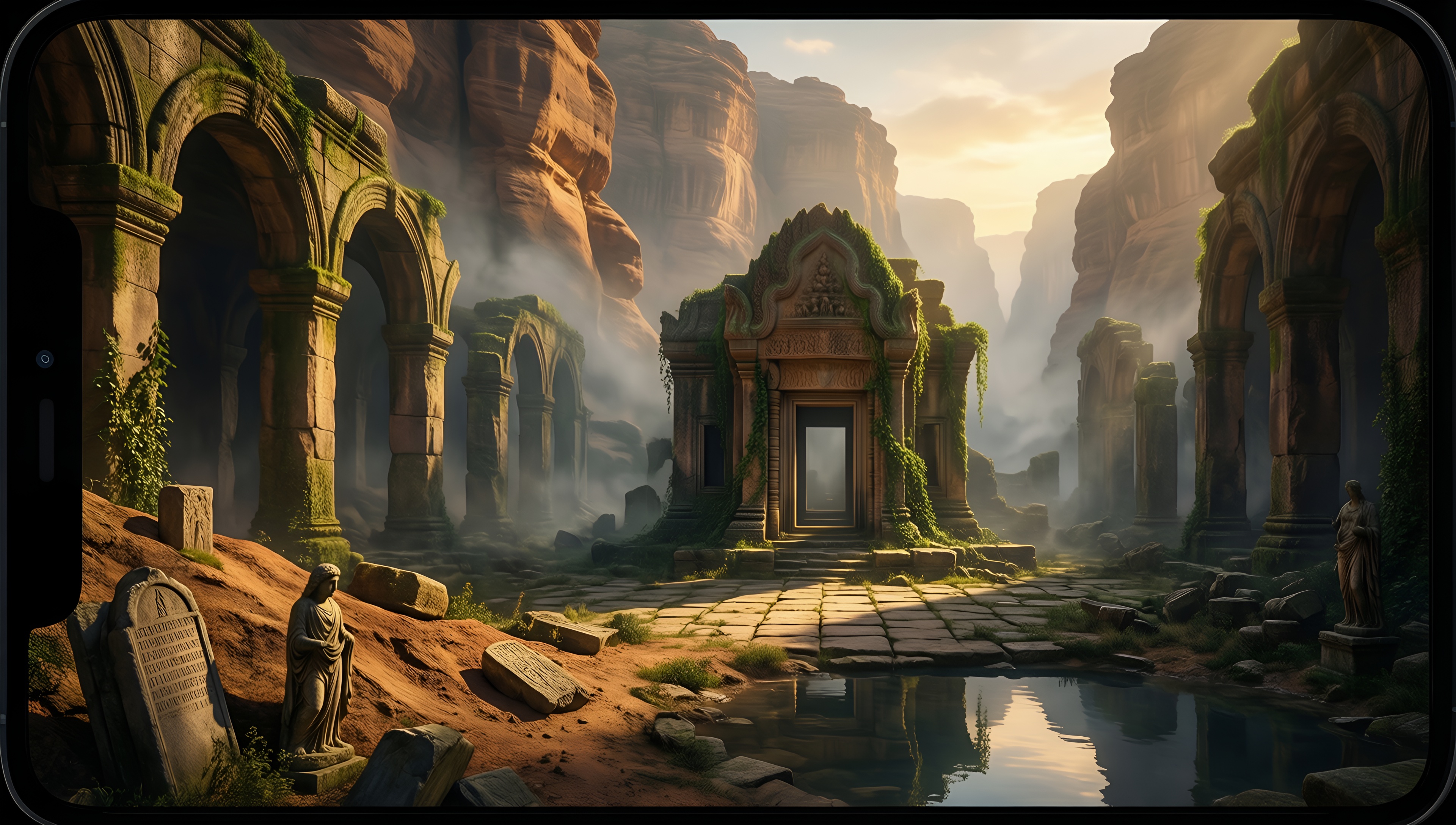 Mystic Ruins in a Foggy Valley - AI generated wallpaper