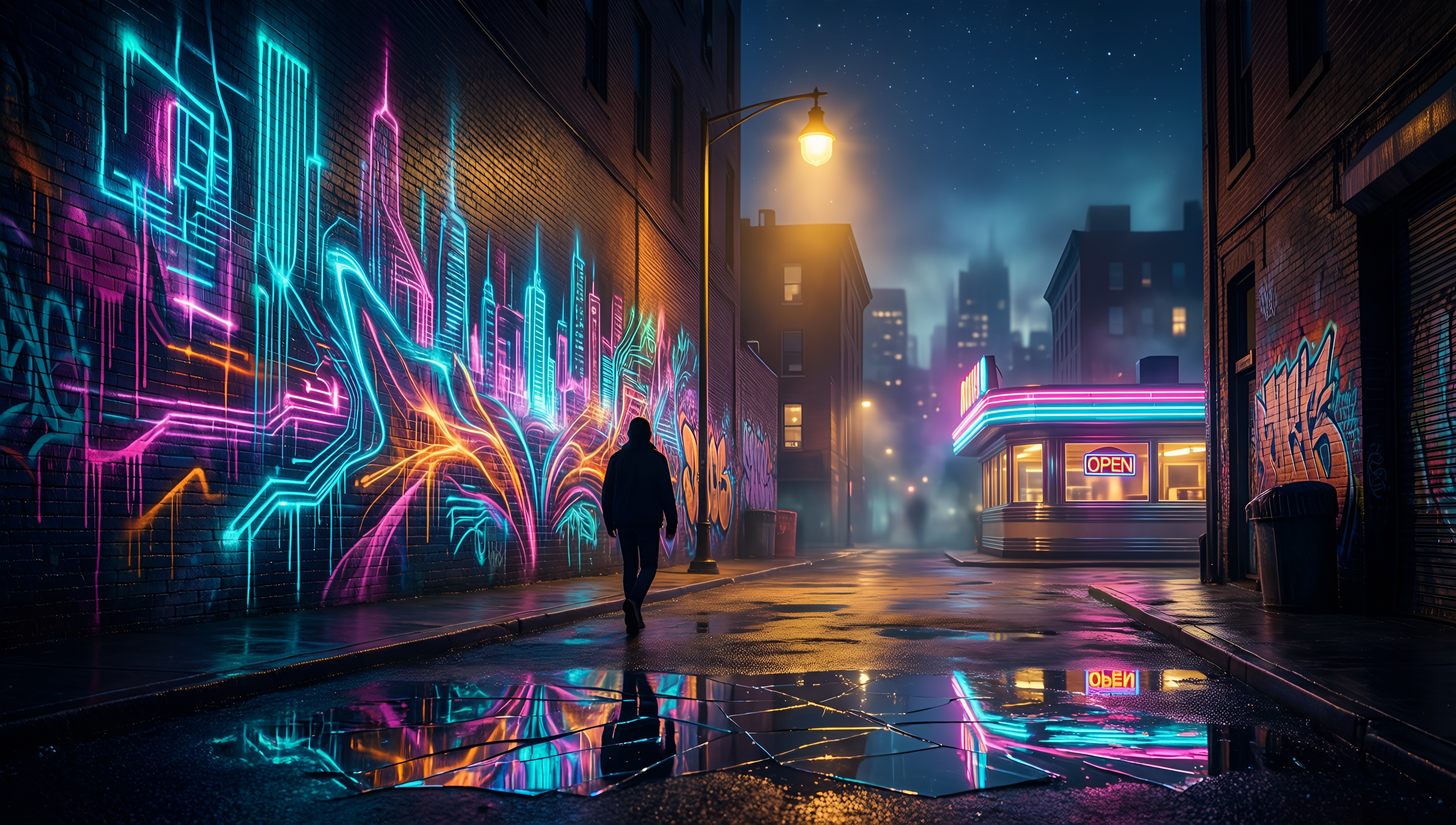 Cyberpunk Alley Reflection - AI generated wallpaper