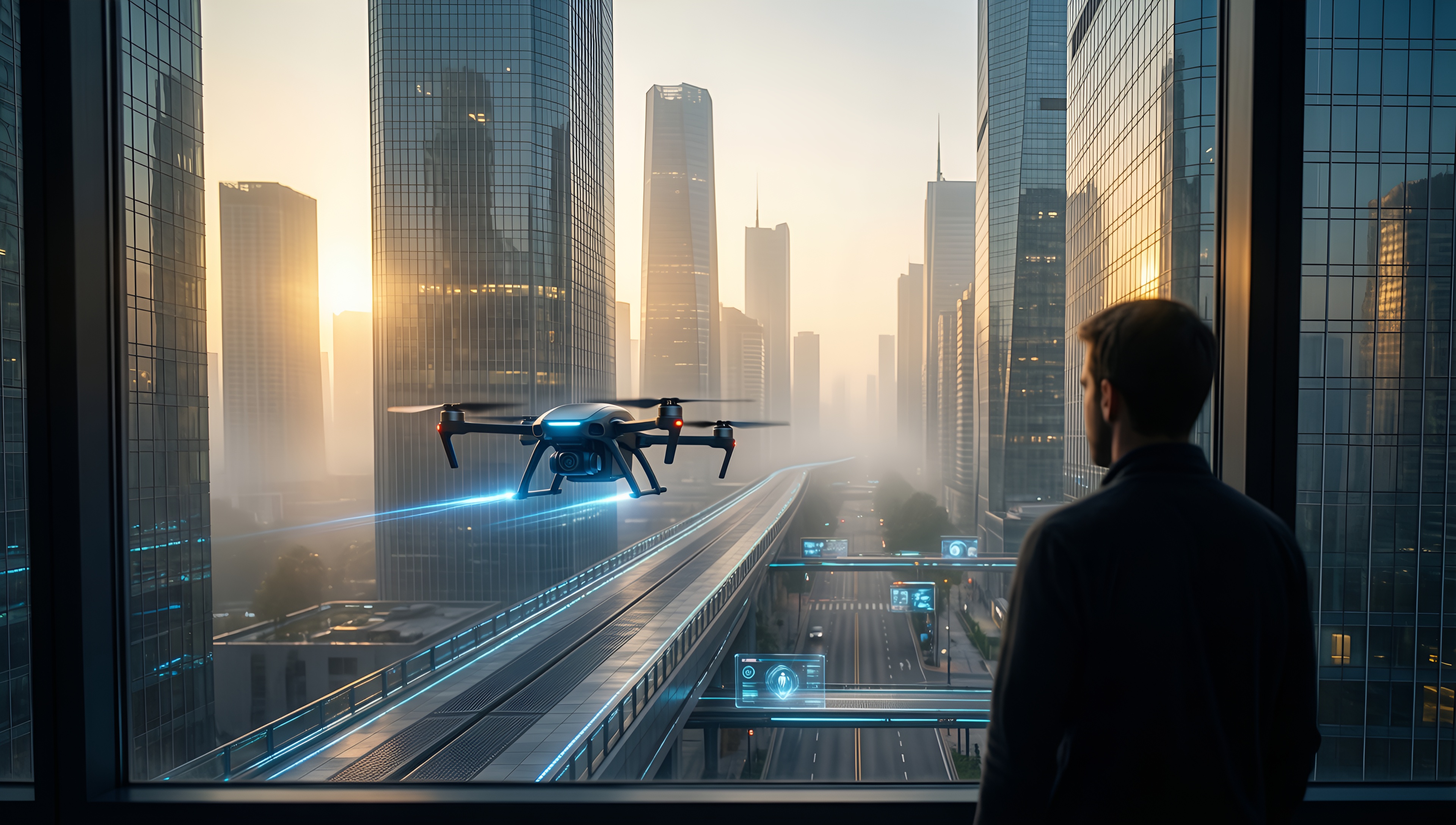 Futuristic Cityscape with Drone - AI generated wallpaper
