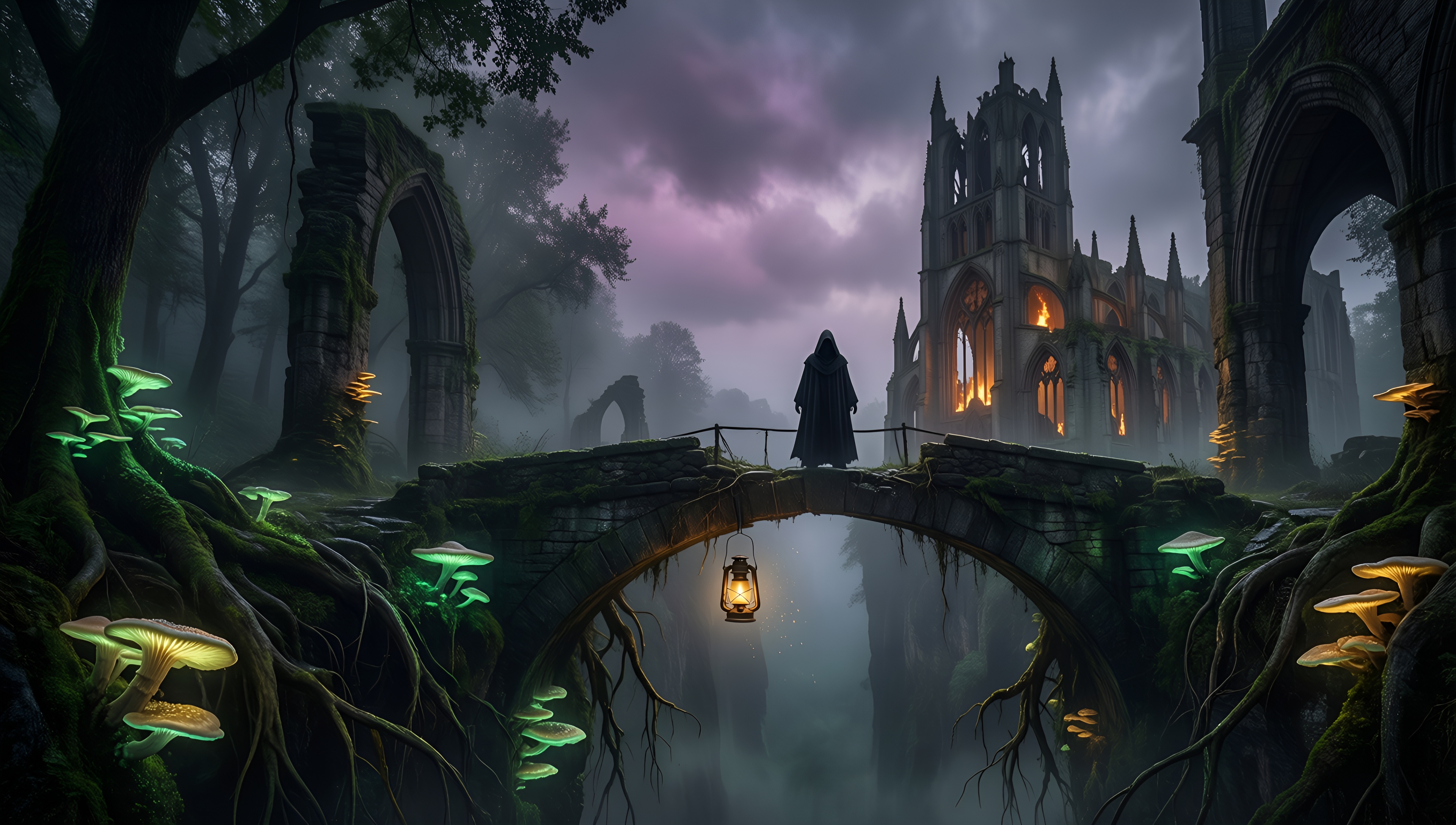 Mystic Bridge in the Enchanted Forest - AI generated wallpaper