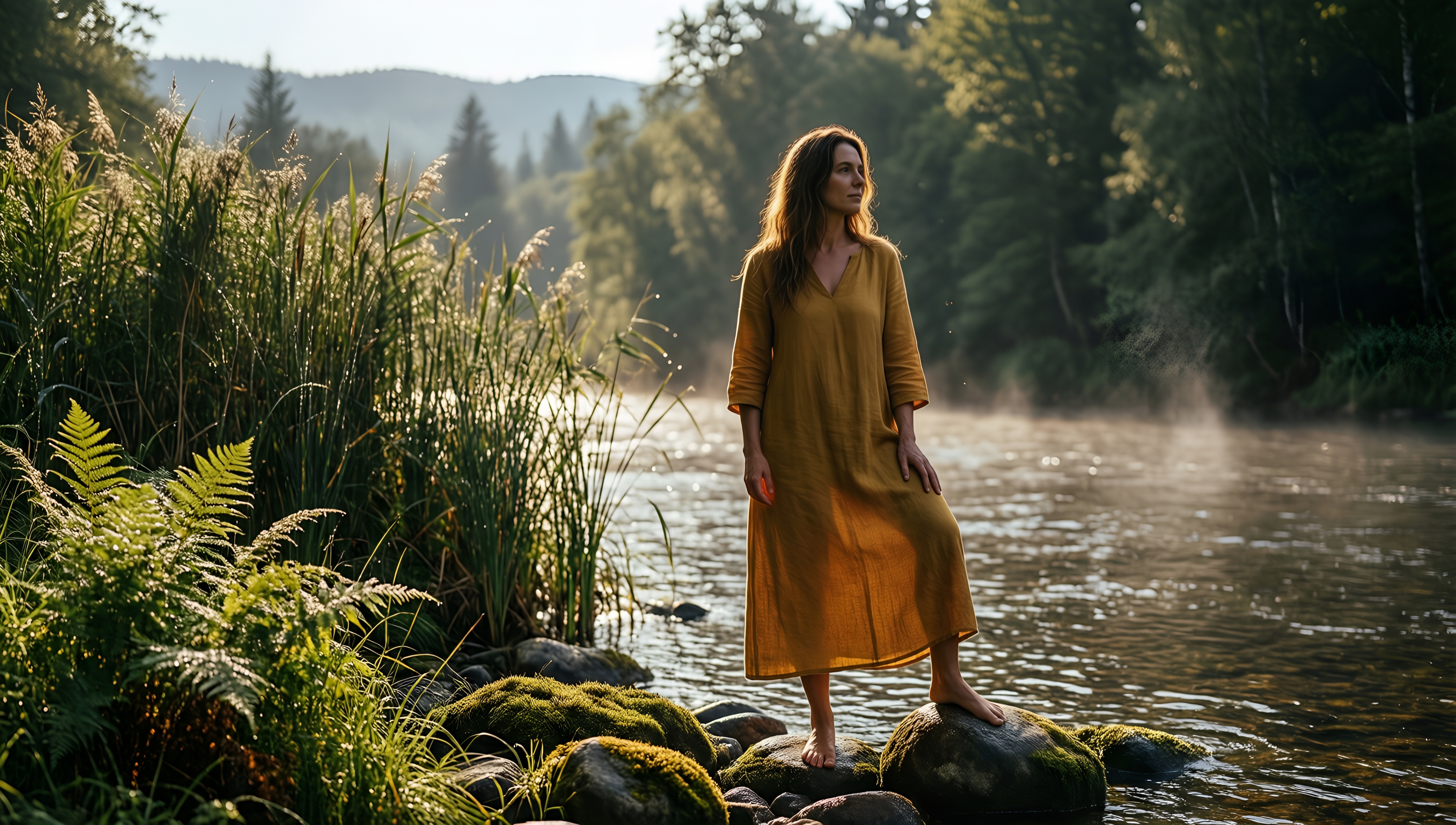 Serene Woman by the River - AI generated wallpaper