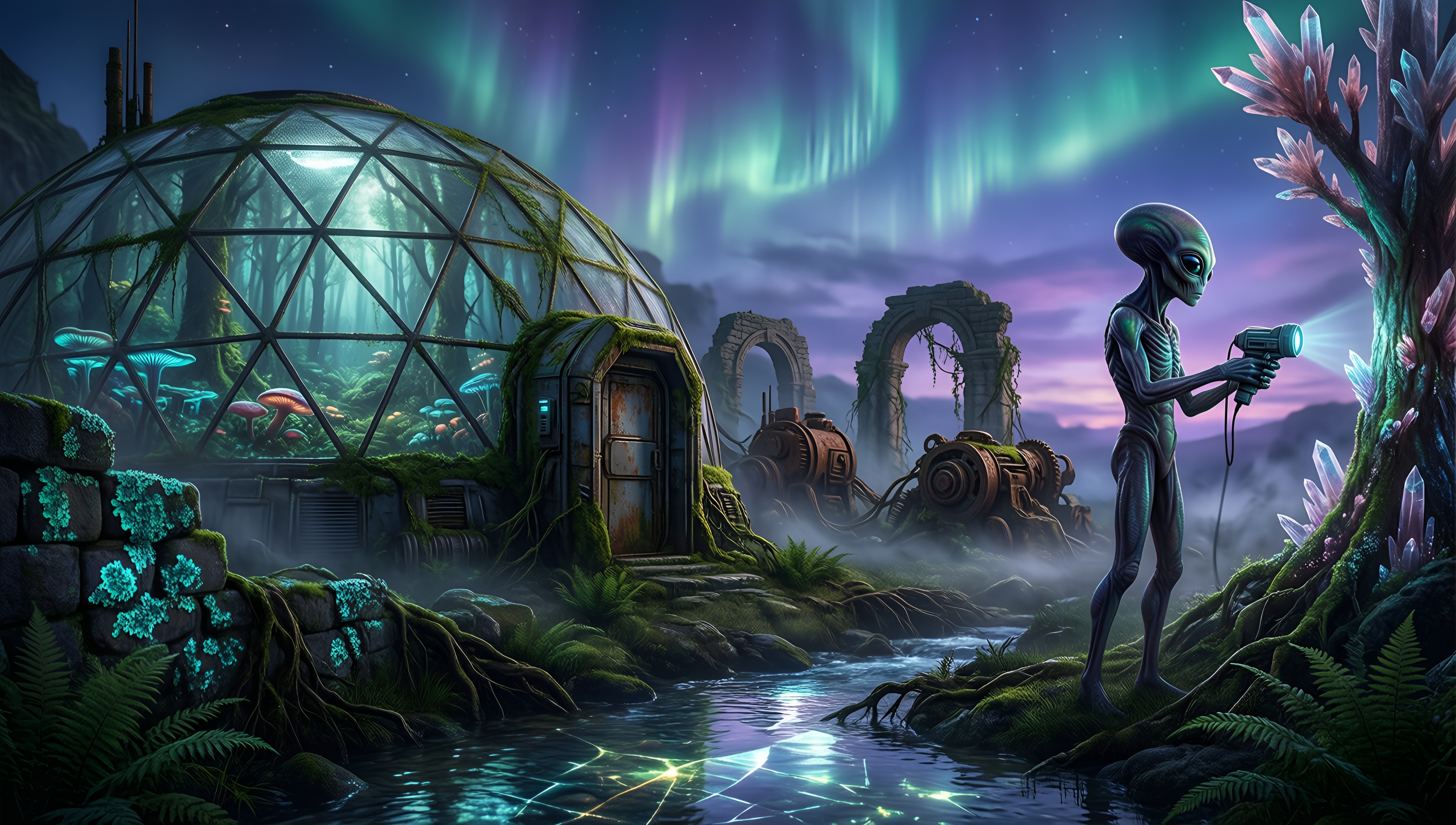 Alien Exploring a Mystical Forest - AI generated wallpaper