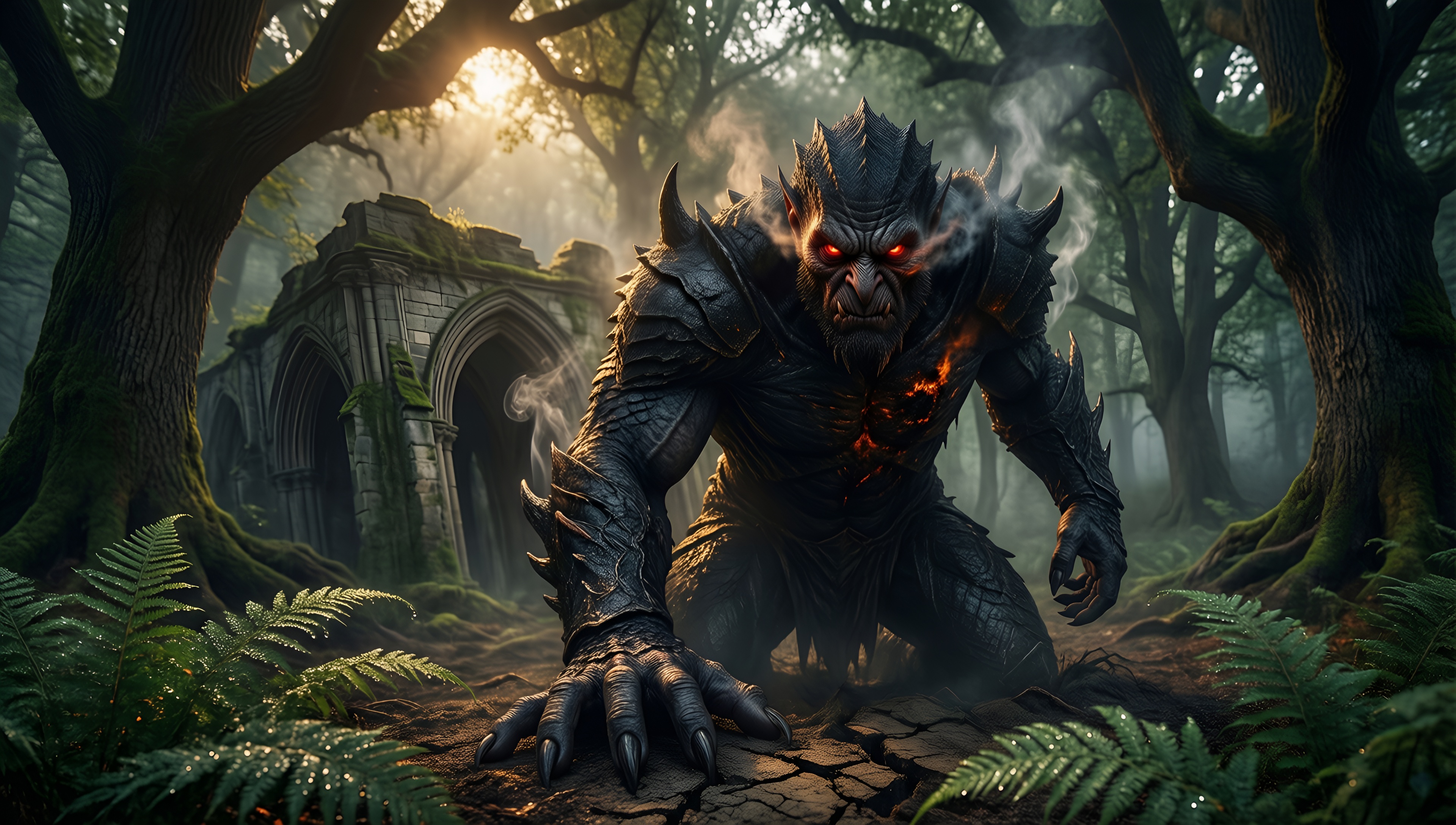 Dark Beast in Gothic Forest - AI generated wallpaper