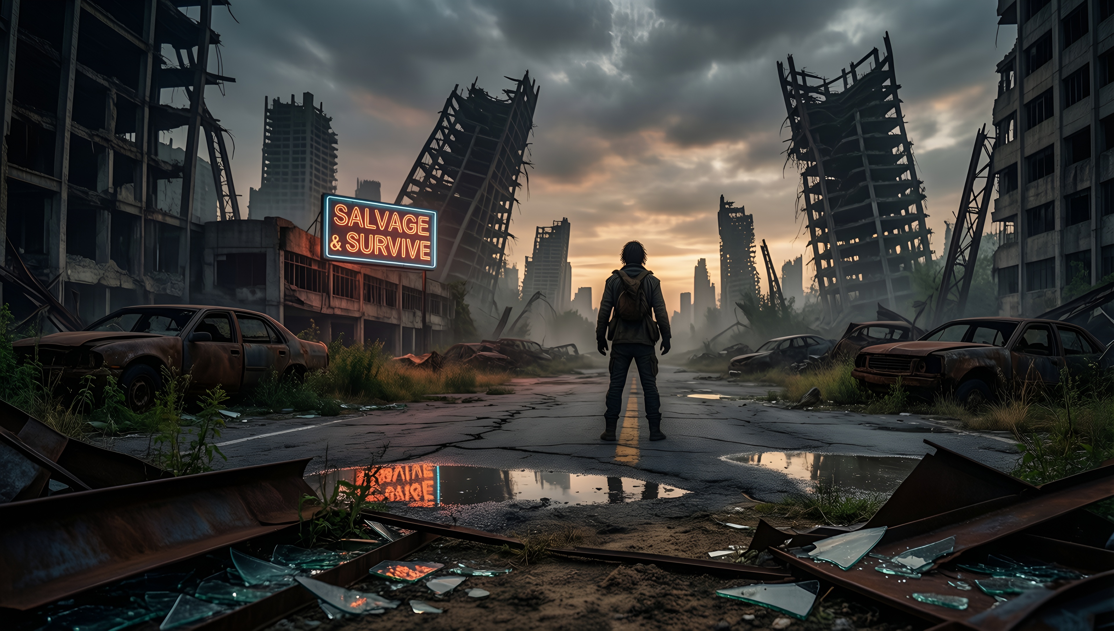 Apocalyptic Cityscape with Neon Sign - AI generated wallpaper