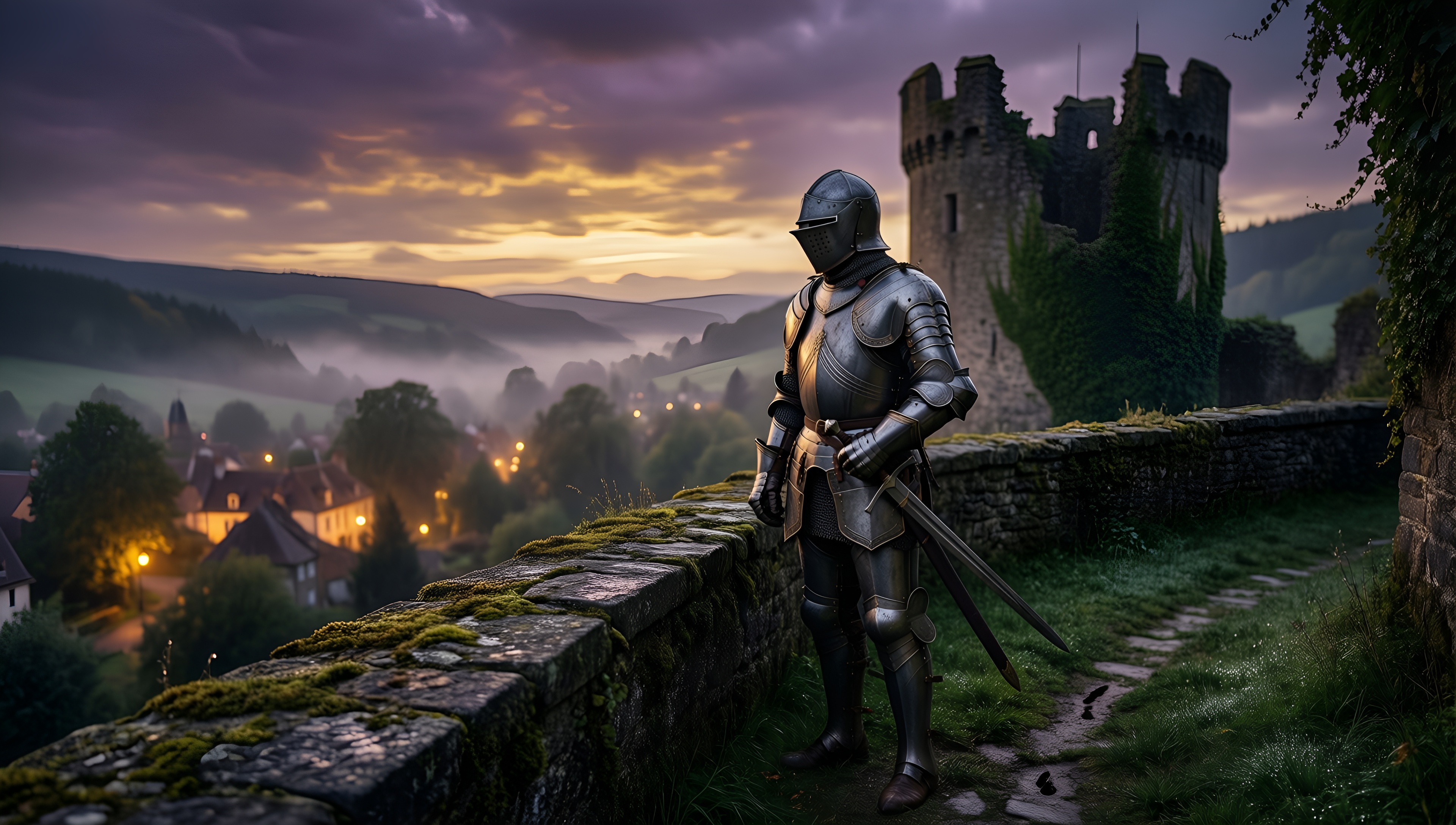 Knight at Dawn: Medieval Castle - AI generated wallpaper