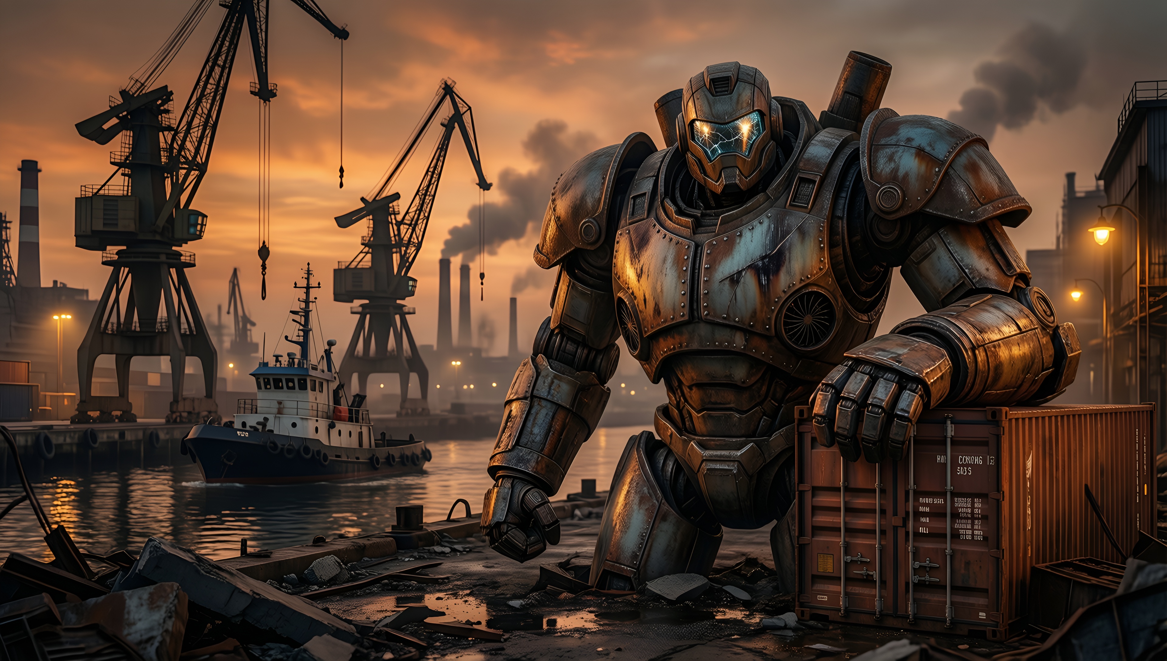 Industrial Cyberpunk Robot Sunset - AI generated wallpaper