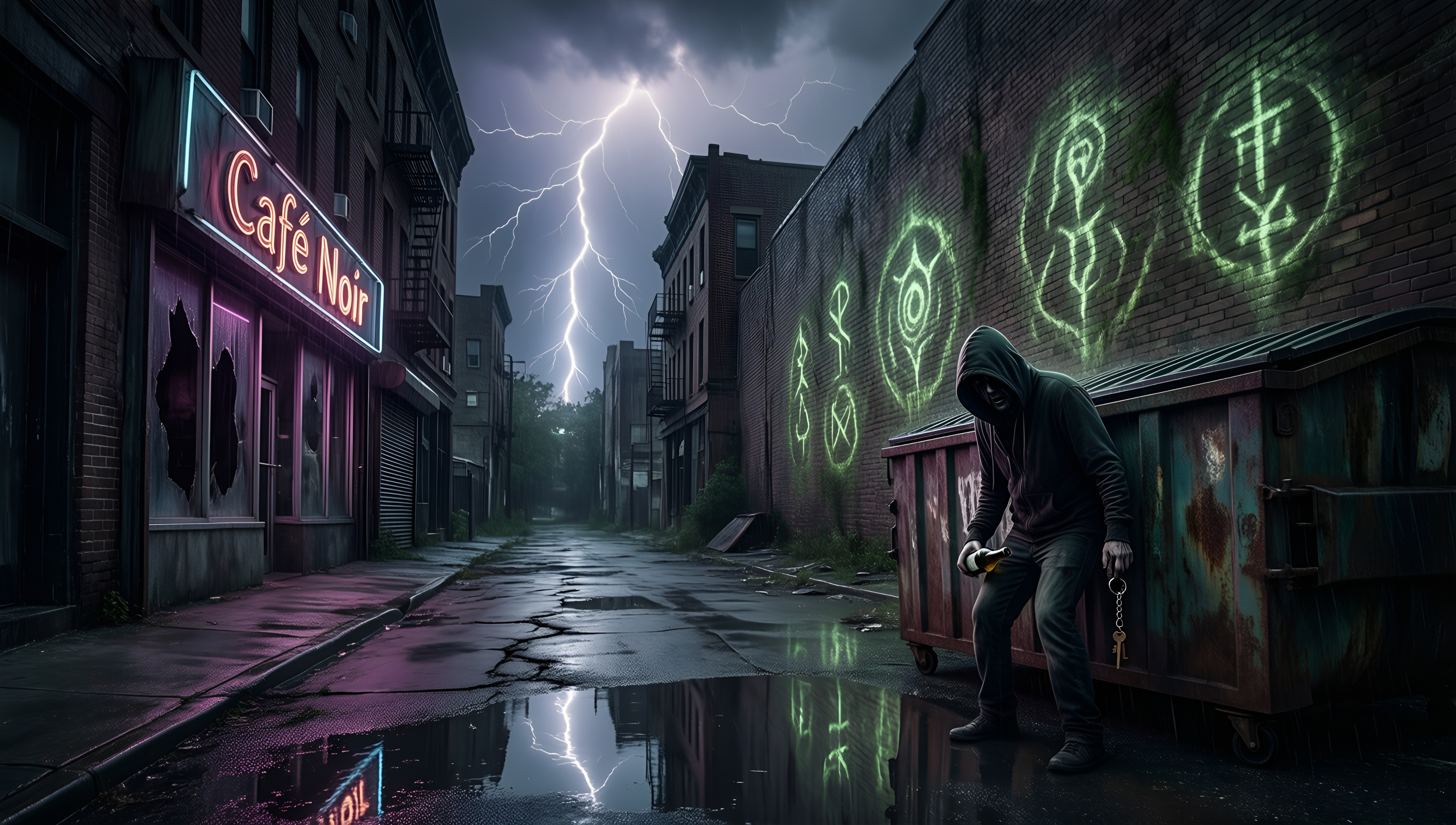 Cyberpunk Alley Under Lightning - AI generated wallpaper