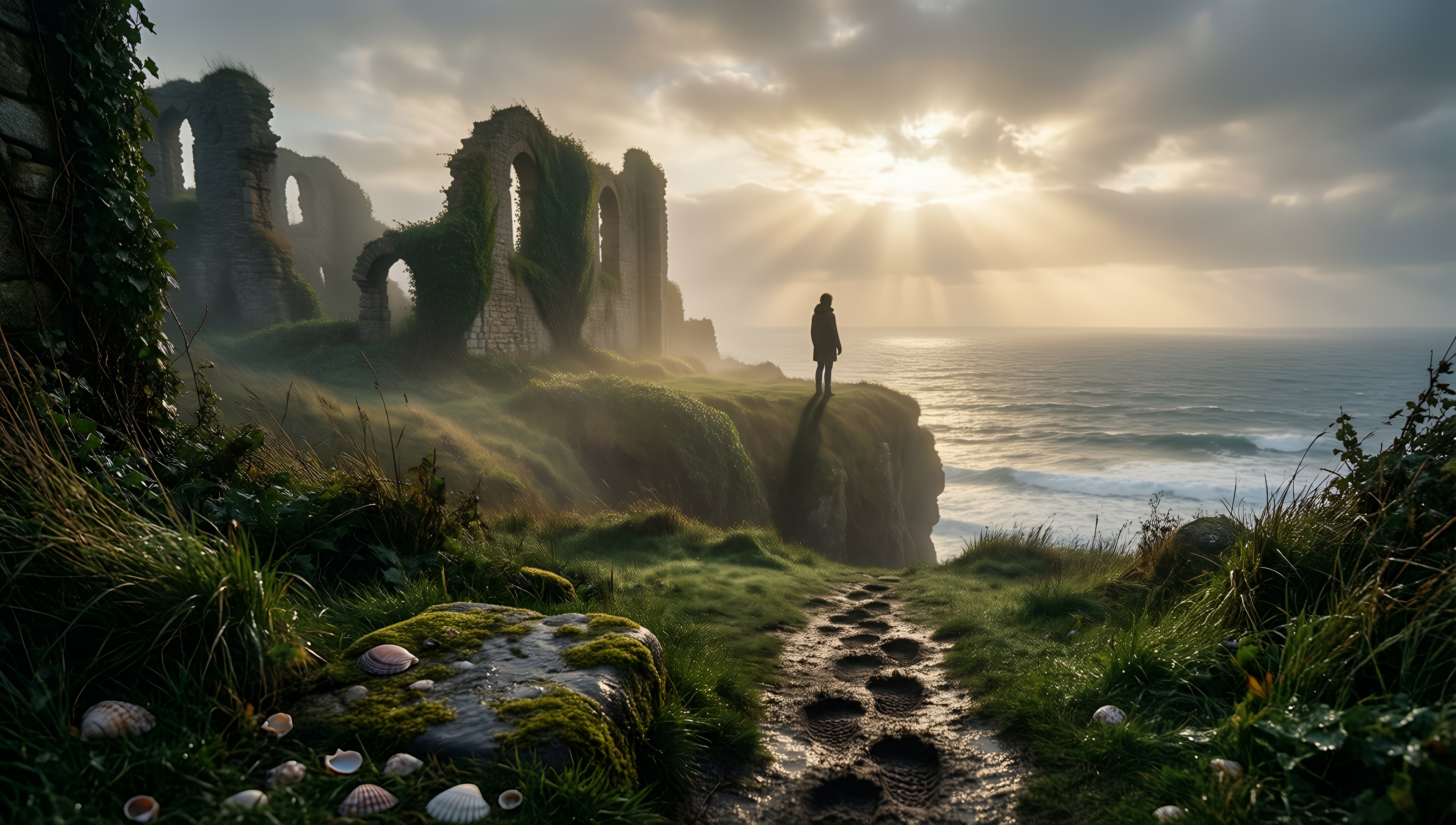 Mystic Ruins by the Sea - AI generated wallpaper