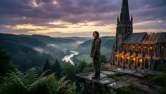 Mystic Dawn: Church Ruins and Serene Valley