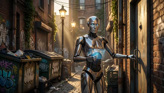 Cyberpunk Robot in Urban Alley