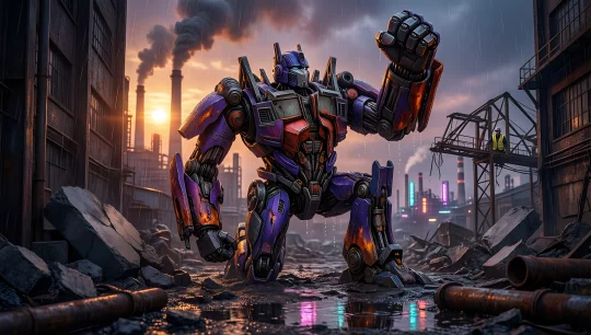 Cyberpunk Optimus Prime in Industrial Ruins