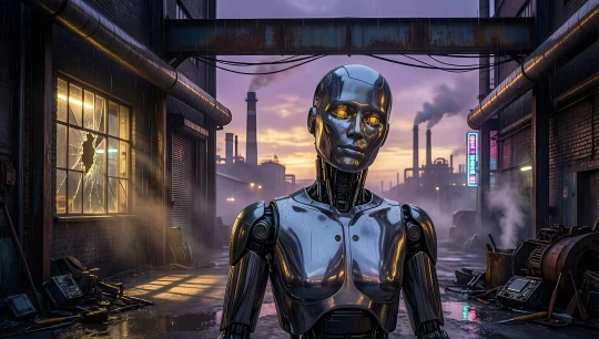 Cyberpunk Robot in Industrial Alley