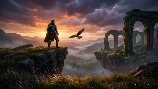 Majestic Fantasy Landscape with Knight and Falcon