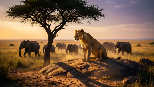 Savanna Sunset with Lion and Elephants
