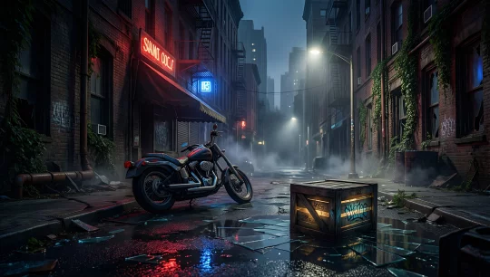 Cyberpunk Alleyway with Motorcycle