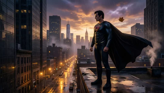 Superman Over the City at Dusk